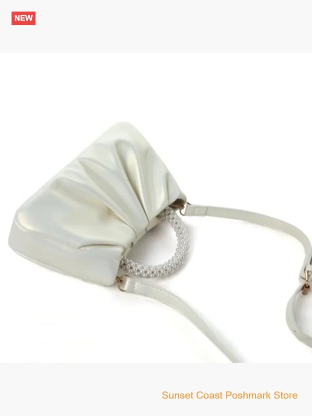 Small Pearl Leather Ruched Evening Clutch Purse with Crossbody Strap